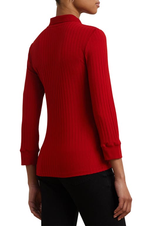 Ralph Lauren Rib-knit Three-quarter-sleeve Polo Shirt In Red