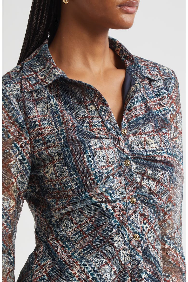 Hamilton Ruched Mixed Plaid Button-Up Shirt, Alternate, color, AMBER MULTI