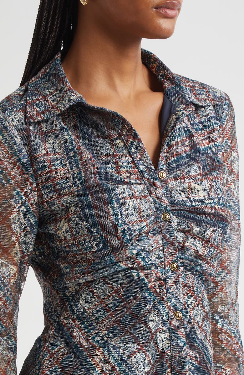 Ramy Brook Hamilton Ruched Mixed Plaid Button-Up Shirt, Alternate, color, Amber Multi