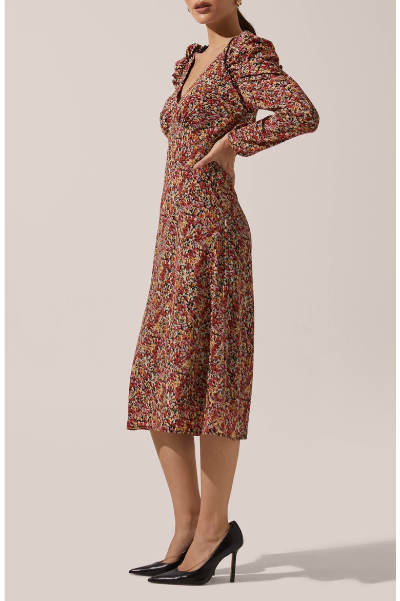 Floral Ruched Long Sleeve Midi Dress, Alternate, color, BLACK-RED MULTI FLORAL