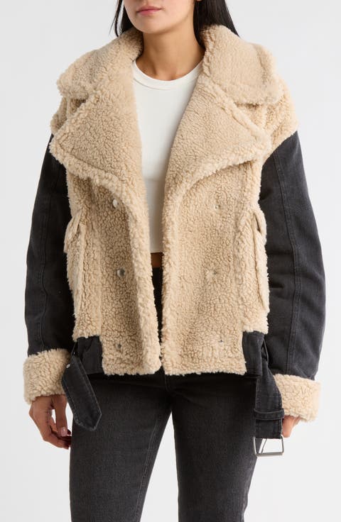 Oversize Faux Shearling & Black Denim Jacket