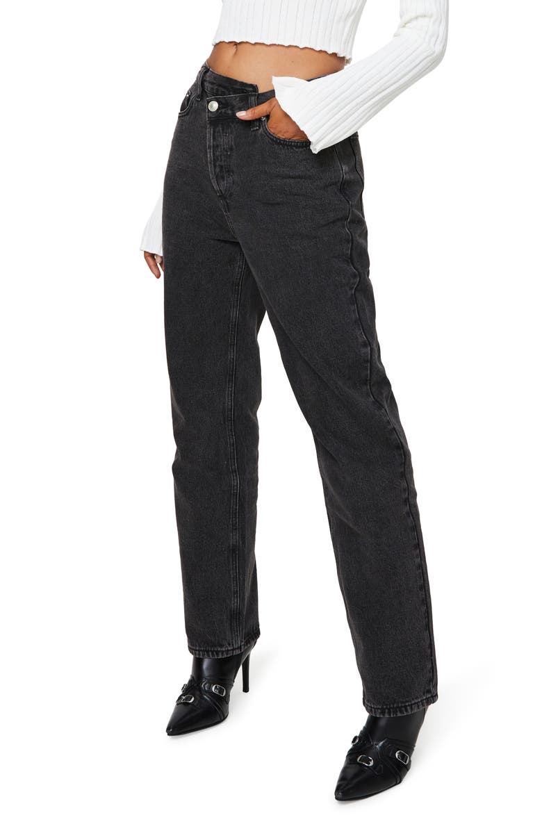 Princess Polly Holly Asymmetric Crossover Waist Straight Leg Jeans, Alternate, color, Black