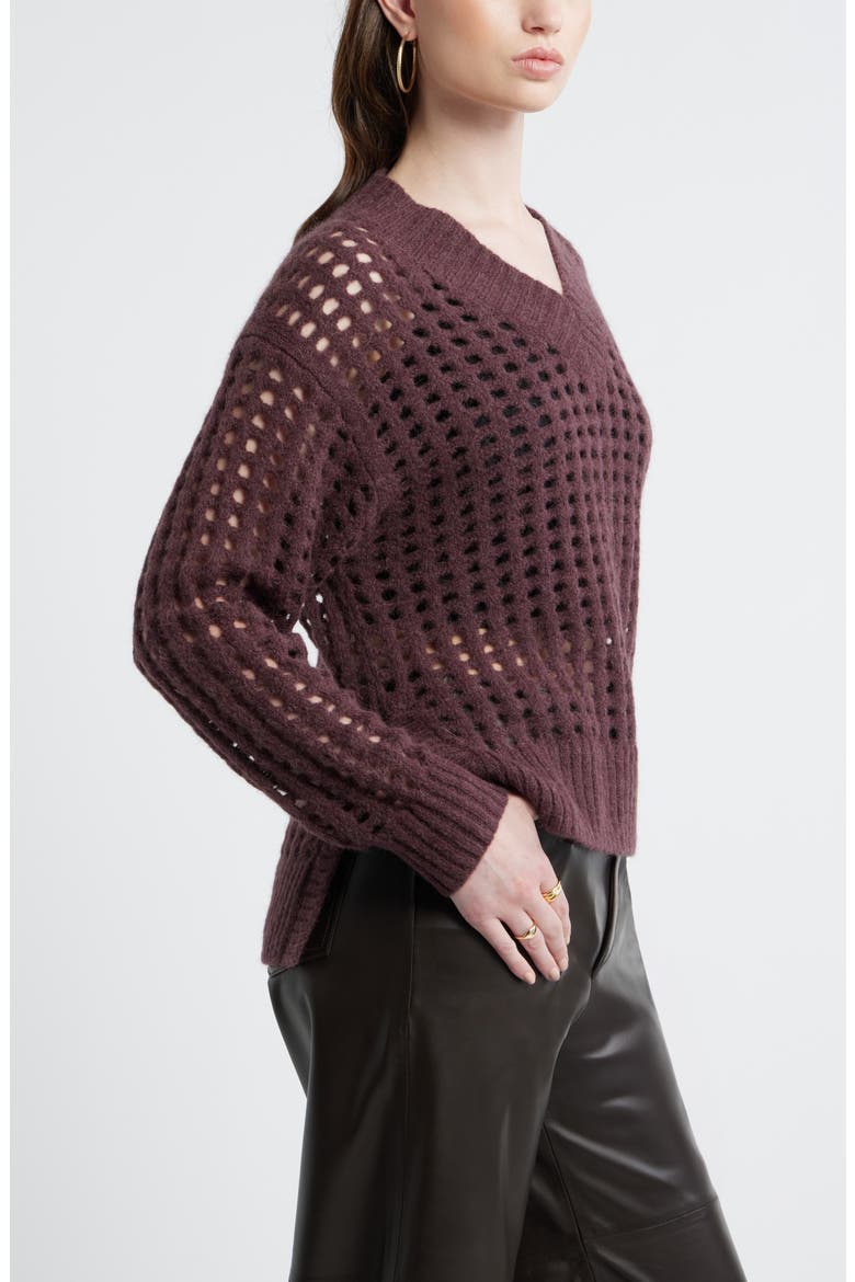 Mesh Stitch V-Neck Sweater, Alternate, color, BURGUNDY FUDGE