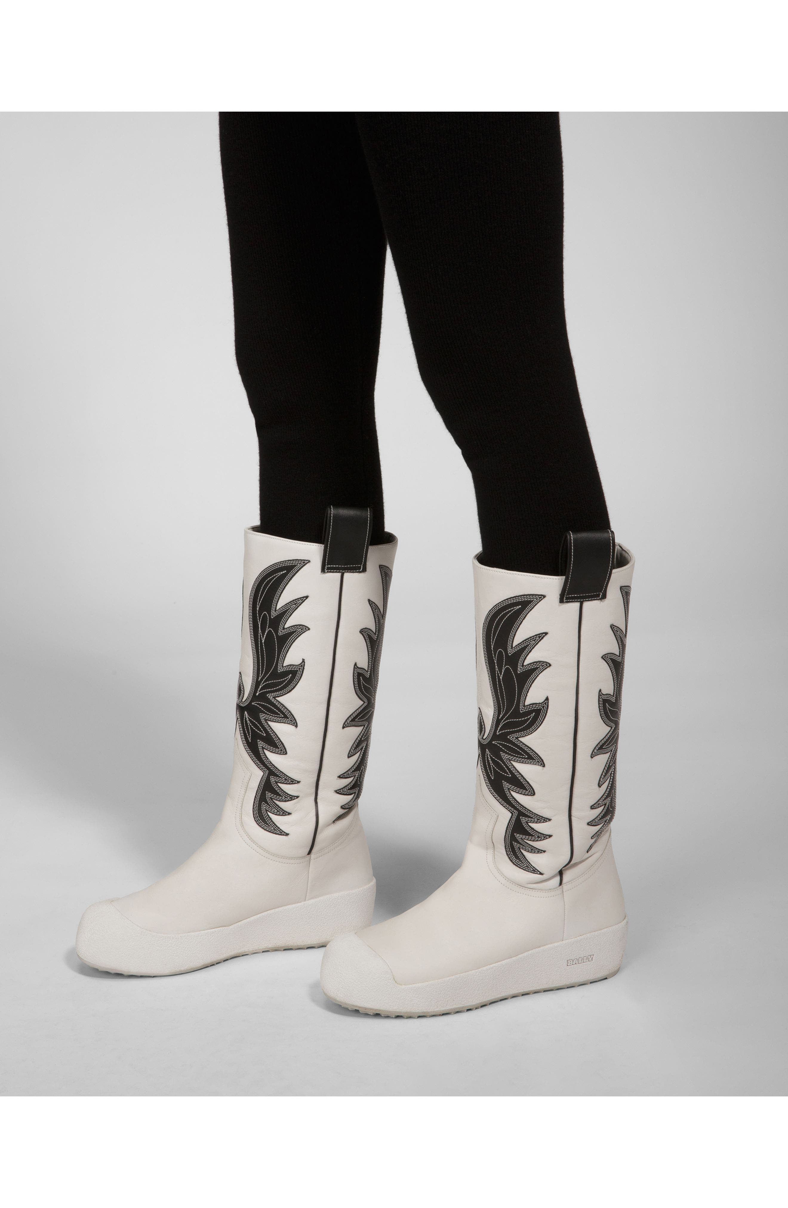 Bally Chambery Leather Long Boots, Alternate, color, White/Black
