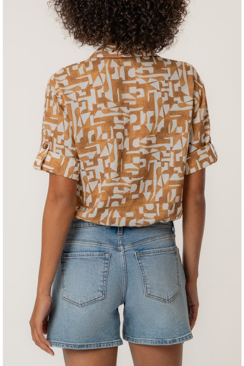 Rebel Printed Knot Front Linen Blend Top, Alternate, color, CAMBRIDGE WOOD