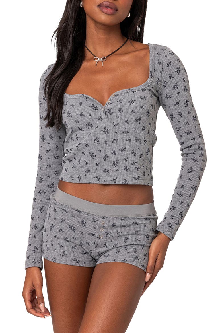 Lavender Floral Waffle Stitch Top, Main, color, GRAY MELANGE