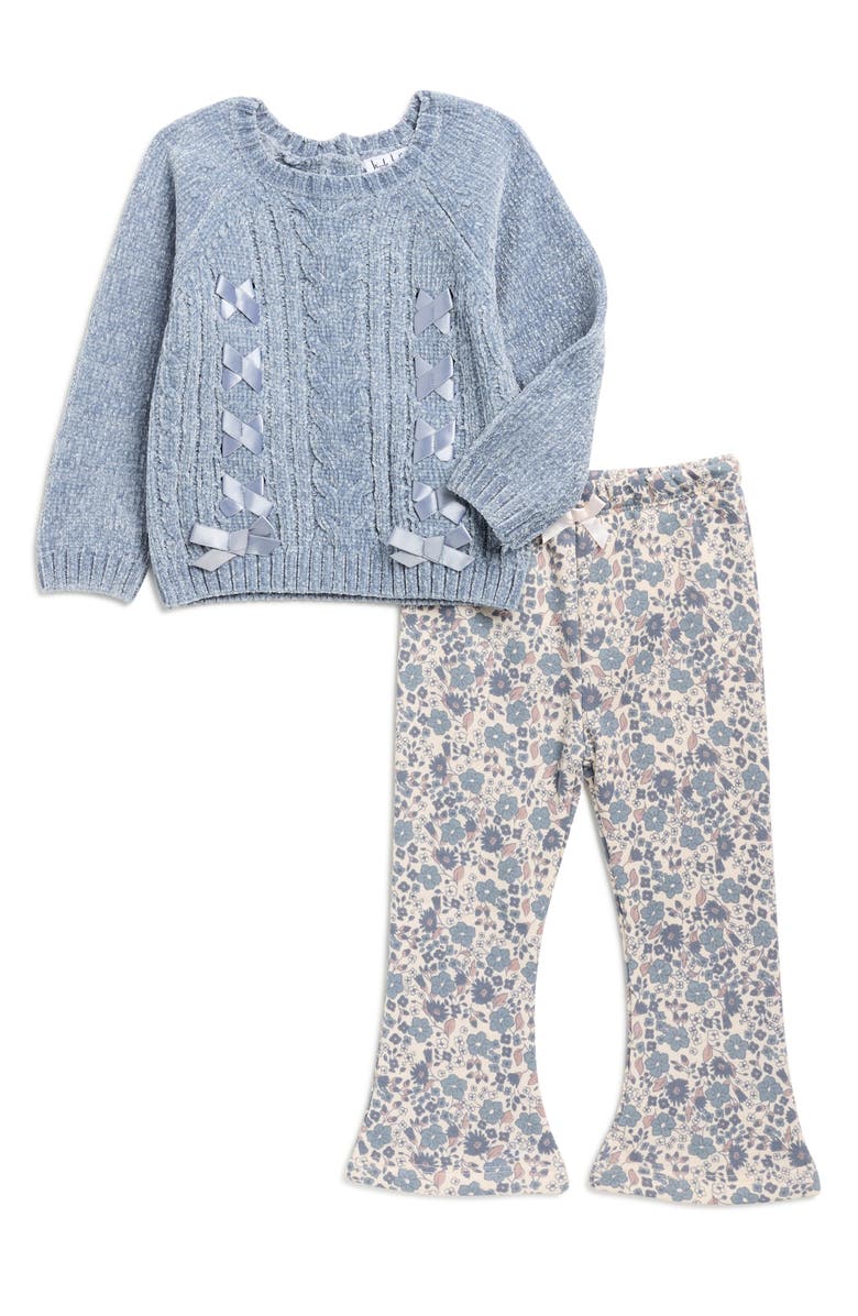 Nicole Miller Bow Chenille Cable Knit Sweater & Flare Leg Pants Set, Main, color, Tradewinds