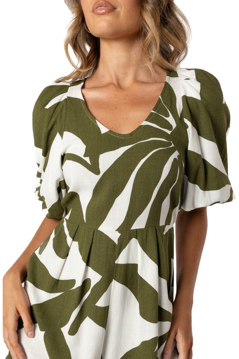 Matilda Print Puff Sleeve Cotton & Linen Romper, Alternate, color, OLIVE PALM