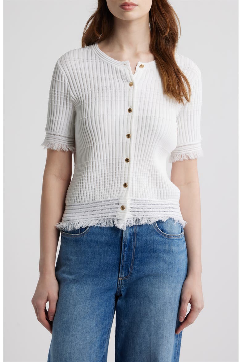 Ayan Fringe Trim Rib Cardigan, Main, color, WHITE