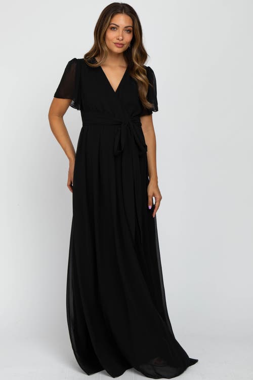 Pinkblush Chiffon Short Sleeve Maxi Dress In Black