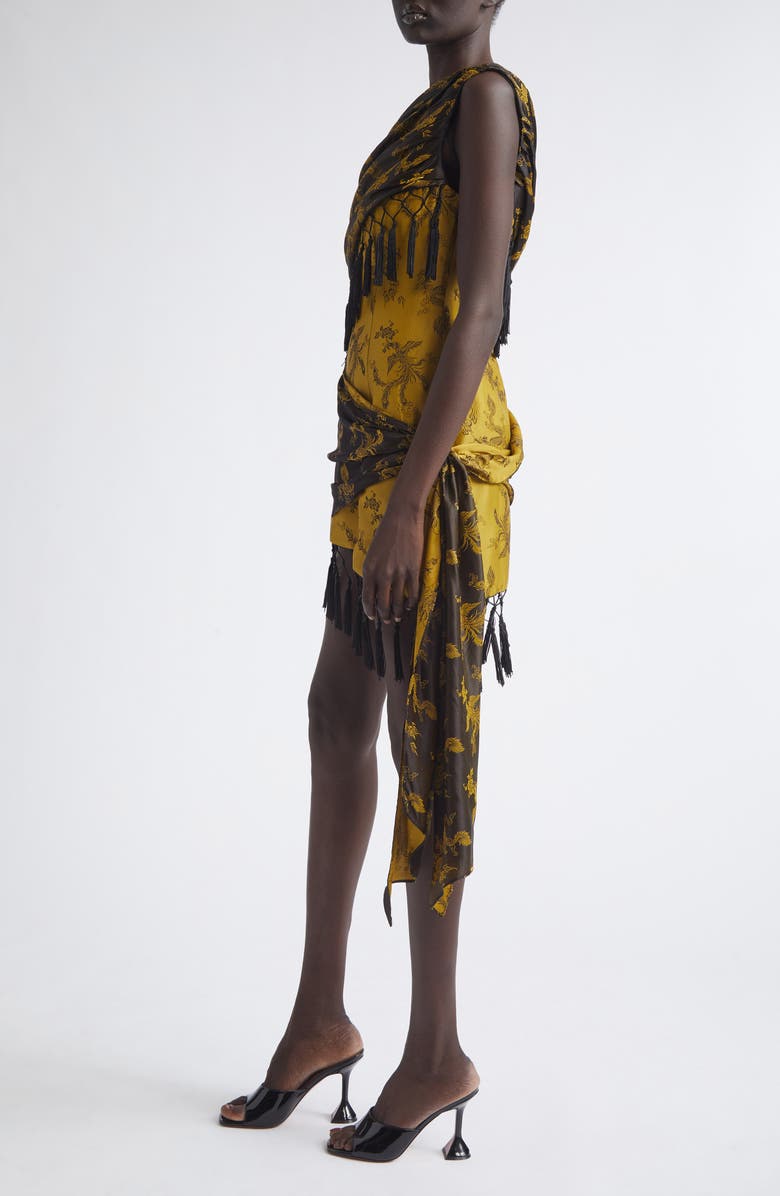 KIM SHUI Andrea Fringe Silk Jacquard One-Shoulder Minidress, Alternate, color, Black/ Yellow