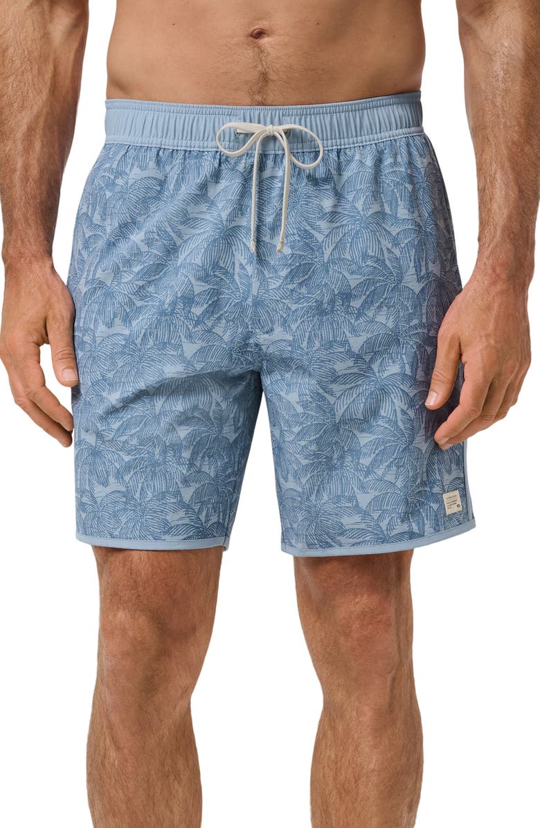 TravisMathew Tidal Whisper Palm Tree Print Swim Trunks, Main, color, Ash Blue