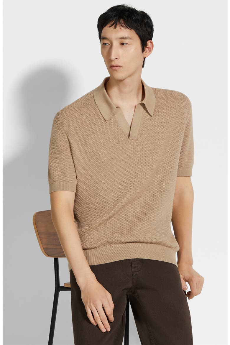 Waffle Stitch Premium Cotton Polo Sweater, Alternate, color, LIGHT BEIGE SOLID