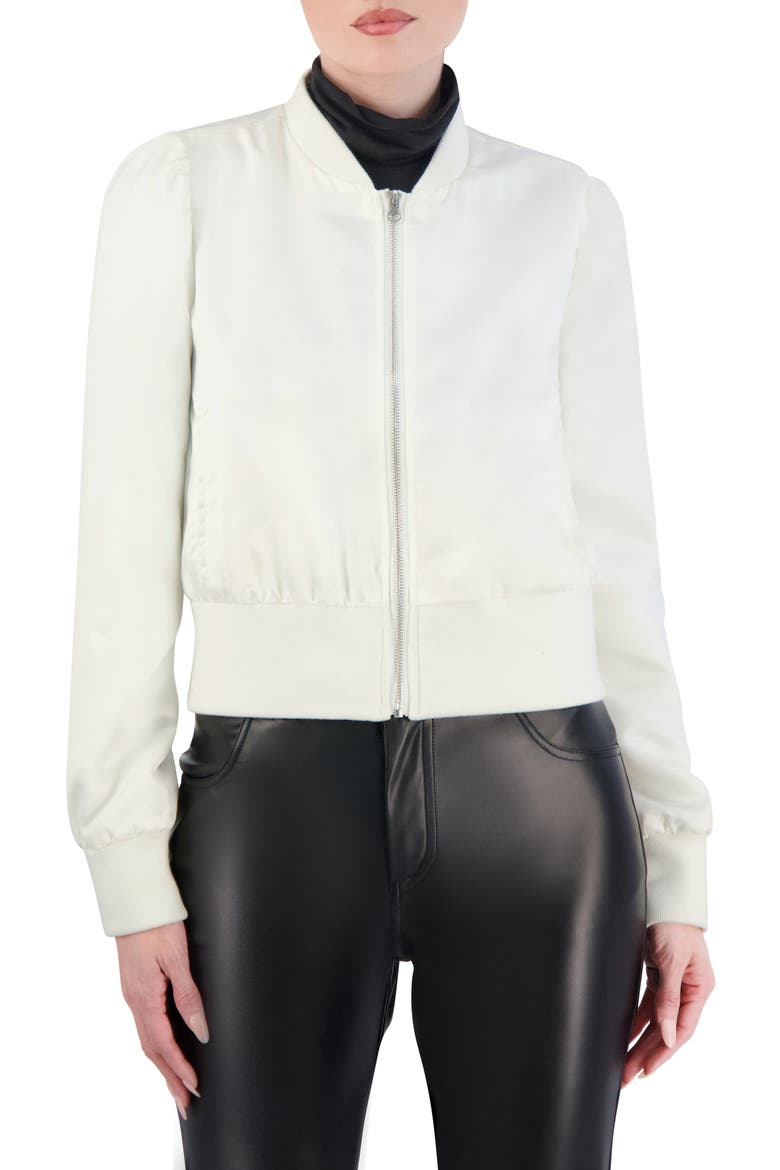 Satin Crop Bomber Jacket, Alternate, color, WHITE