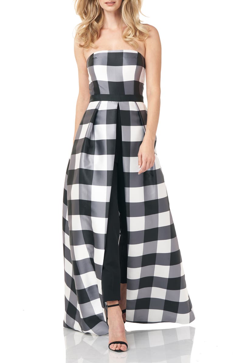 Kay Unger Strapless Gingham Maxi Romper, Main, color, 
