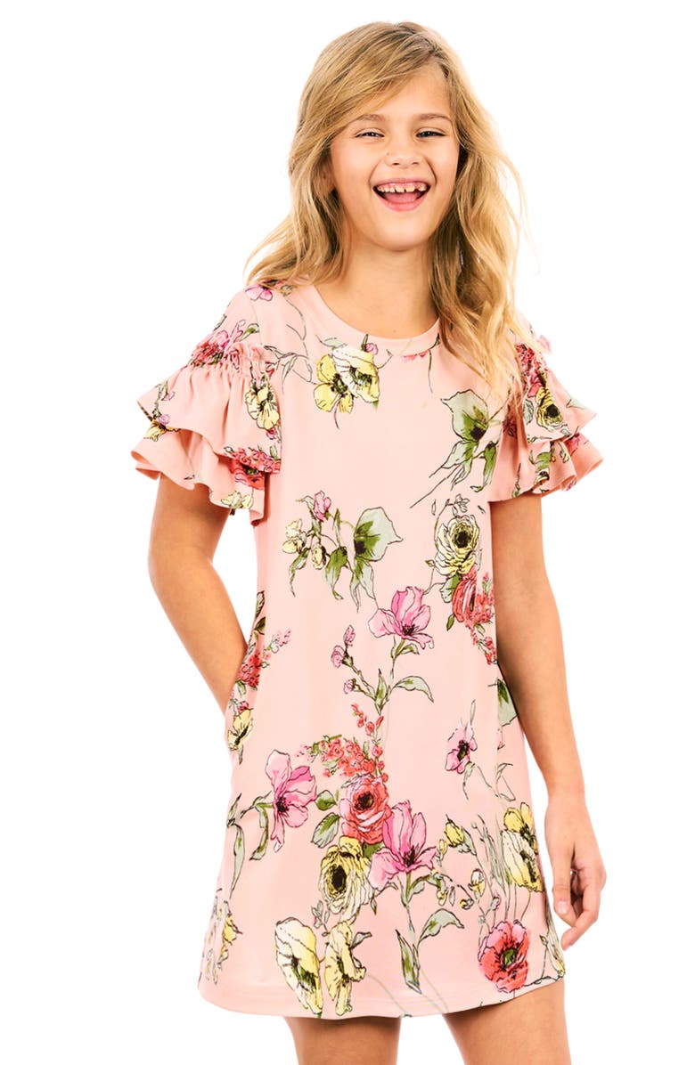 Truly Me Kids' Floral Ruffle Sleeve Dress, Alternate, color, Blush Multi