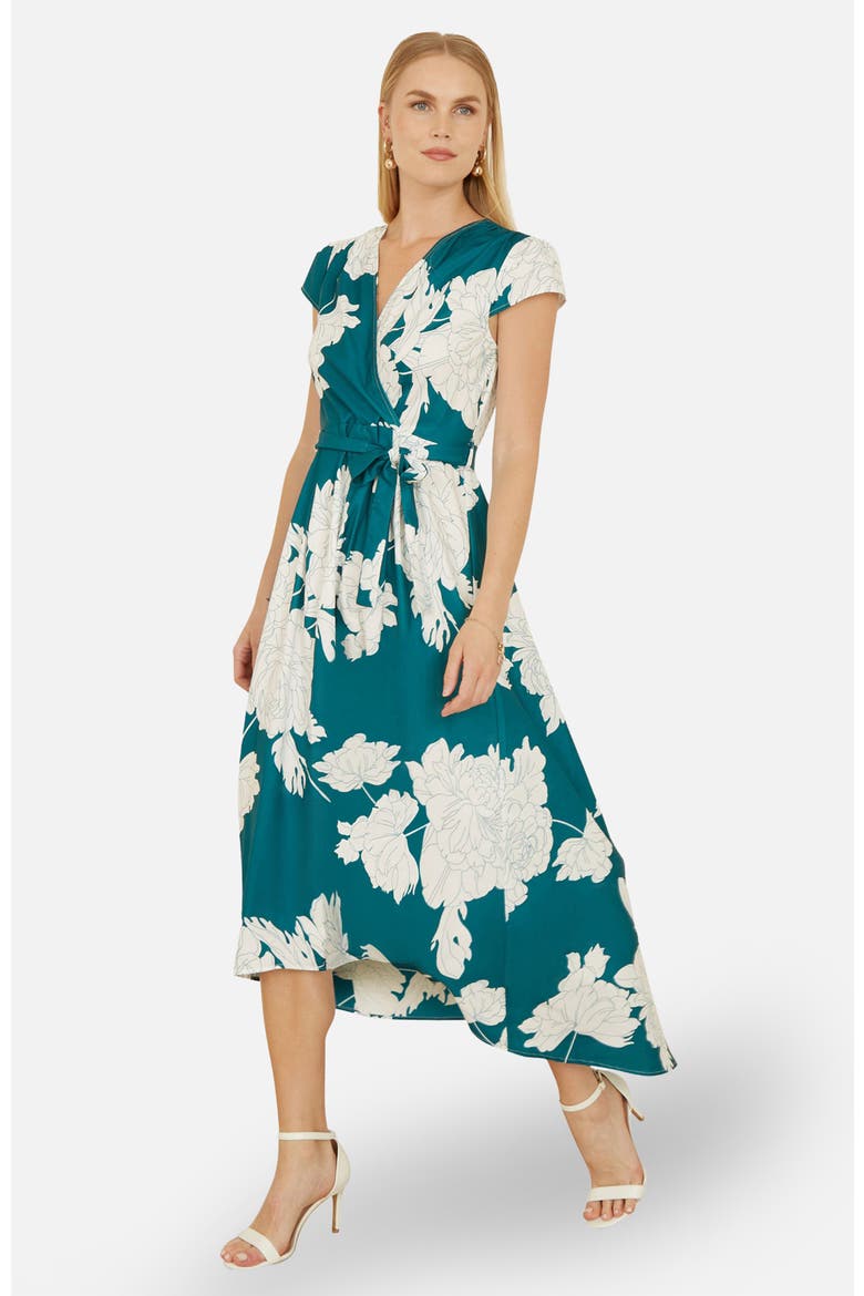 Blossom Print Dipped Hem Wrap Midi Dress, Alternate, color, Green