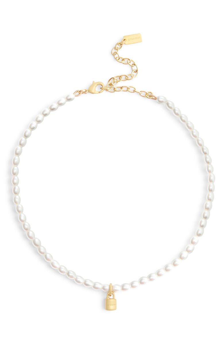 COACH Padlock Pendant Faux Pearl Choker Necklace, Main, color, Pearl/ Gold