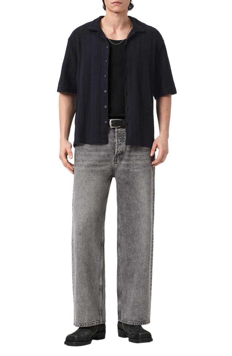 AllSaints Trace Textured Cotton Camp Shirt, Alternate, color, Jet Black
