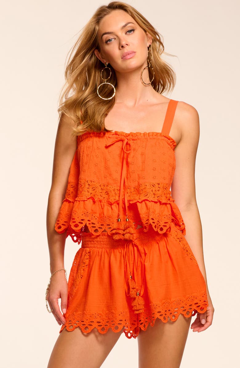 Ramy Brook Diane Eyelet Embroidered Cotton Drawstring Shorts, Alternate, color, Vivid Orange