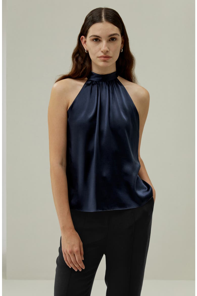 Women's Minimalistic Allure Silk Halter Top, Alternate, color, Navy Blue