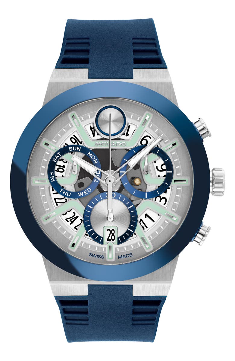 Movado Bold Fusion Skeleton Chronograph Silicone Strap Watch, 44.5mm, Main, color, Blue