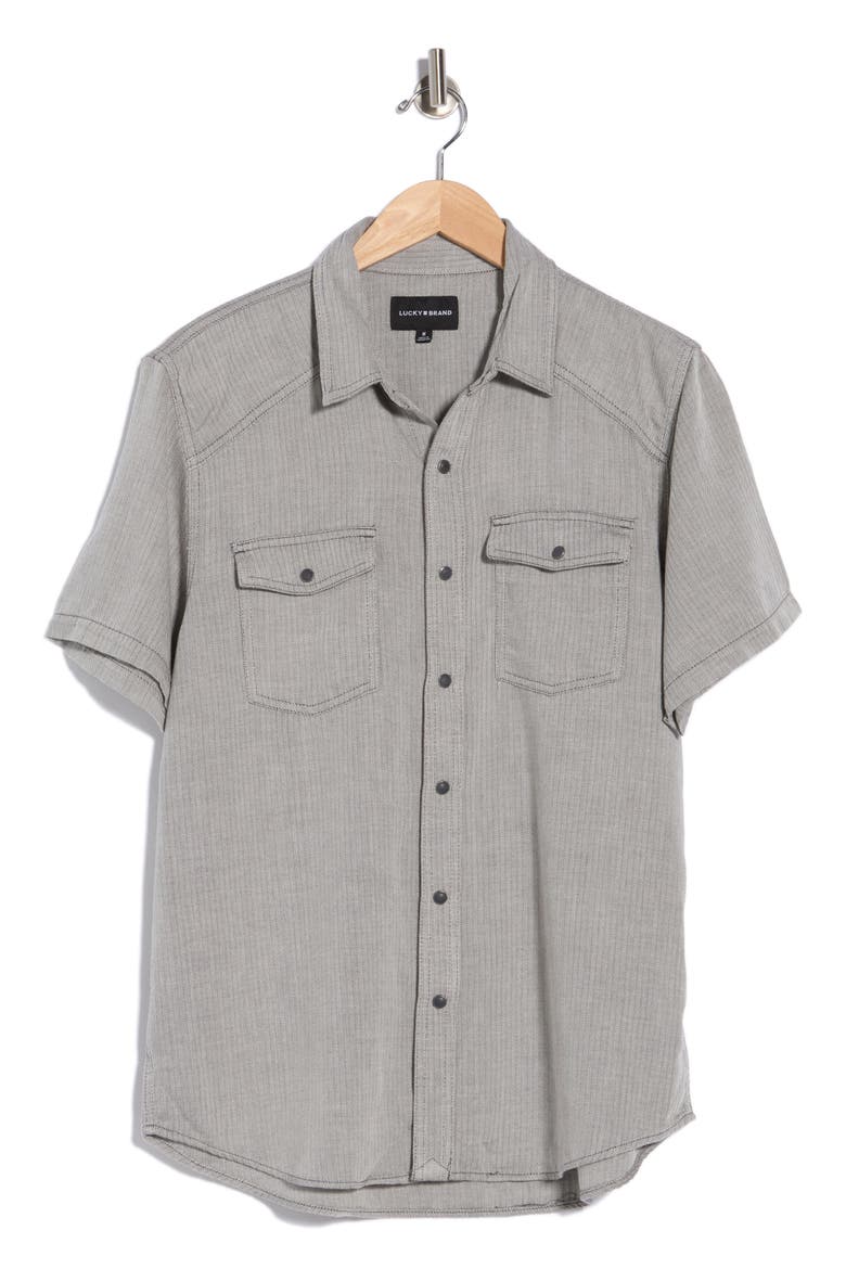 Herringbone Short Sleeve Western Shirt, Alternate, color, JET BLACK