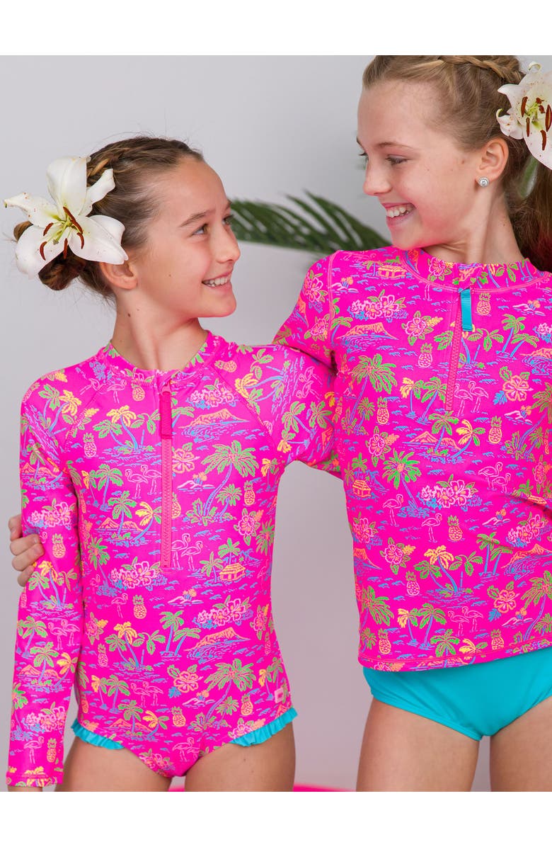 RuffleButts Girls UPF50+ Sun Protection Long Sleeve Rash Guard One Piece, Alternate, color, Neon Island Time