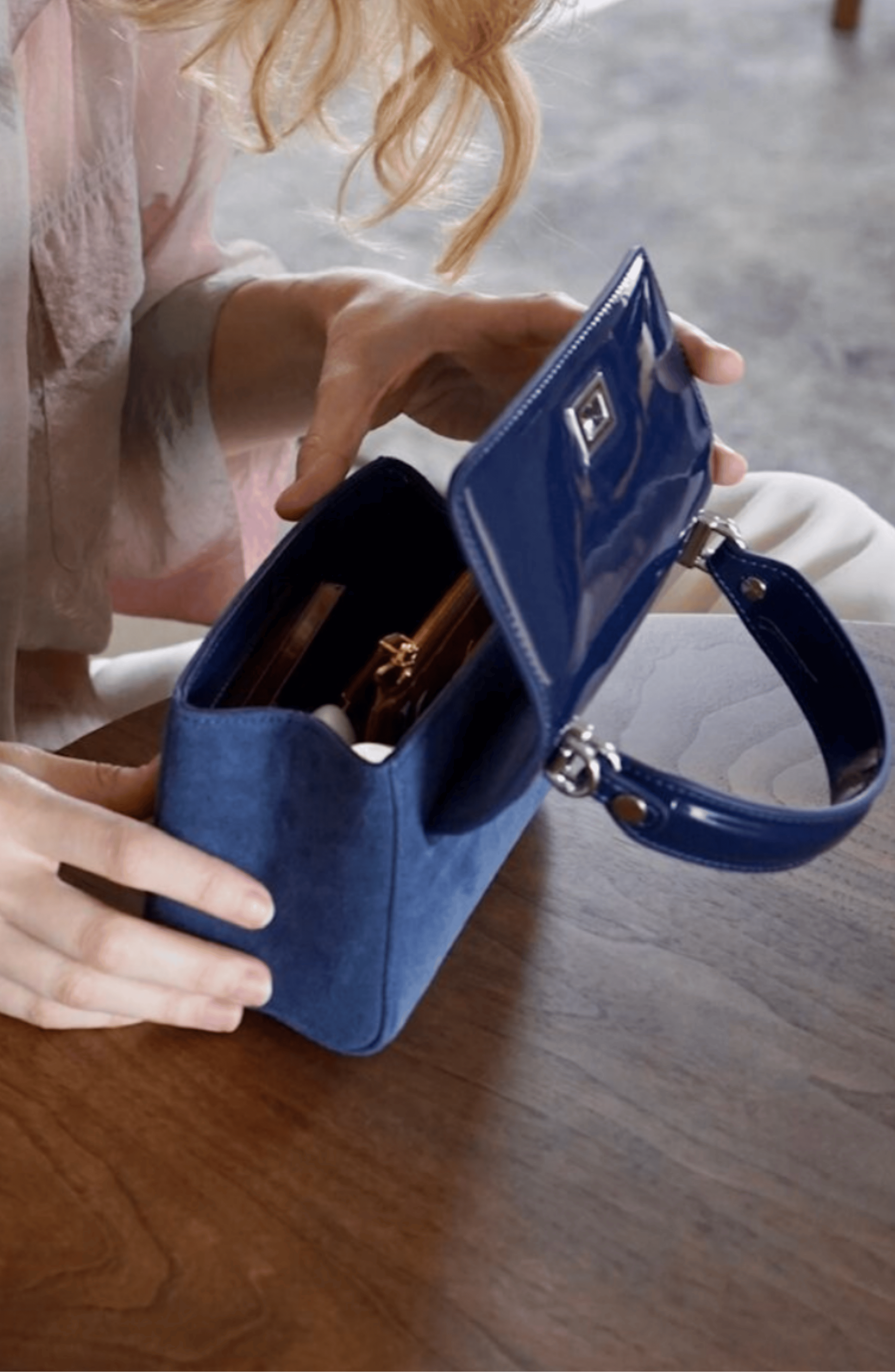 LILI Suede and Patent Leather Top Handle Mini Bag, Alternate, color, Navy