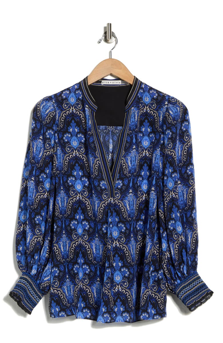 Alice + Olivia Sheila Long Sleeve Silk Top, Main, color, Urban Medallion
