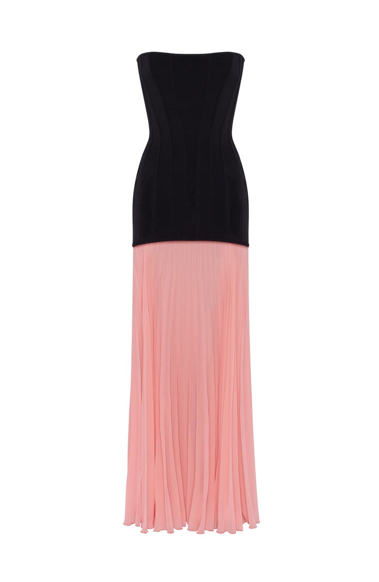Milla Strapless Formal Occasion Maxi Dress with Pleated Skirt in Black & White, Main, color,