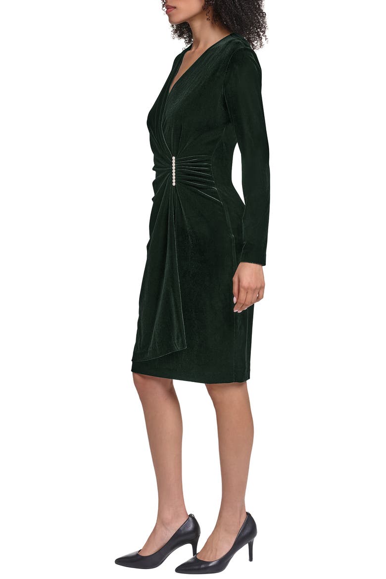 Faux Pearl Detail Long Sleeve Stretch Velvet Faux Wrap Dress, Alternate, color, BLACK