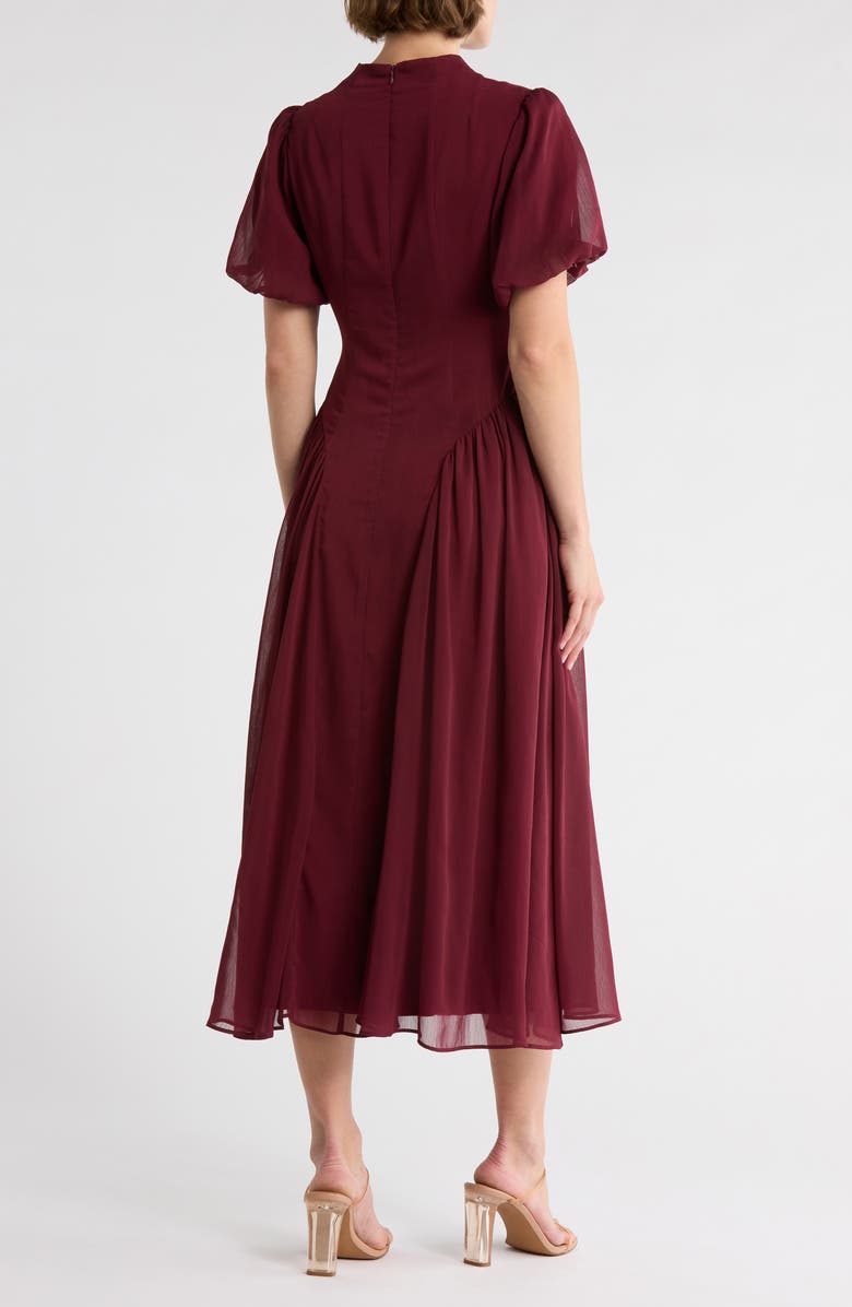 Mila Mae Mock Neck Puff Sleeve A-Line Midi Dress, Alternate, color, Wine