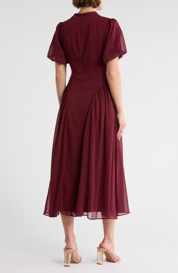 Mock Neck Puff Sleeve A-Line Midi Dress