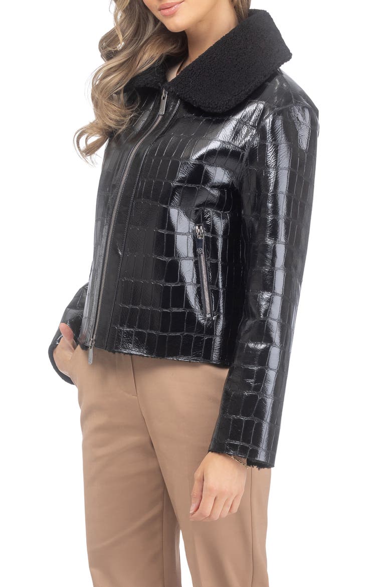 Genuine Shearling Croco Embossed Zip Jacket, Alternate, color, Black