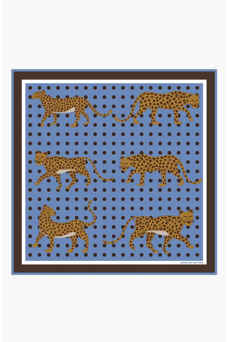 Double Sided Wool Silk Scarf Of Blue Leopards Garden, Main, color, Blue