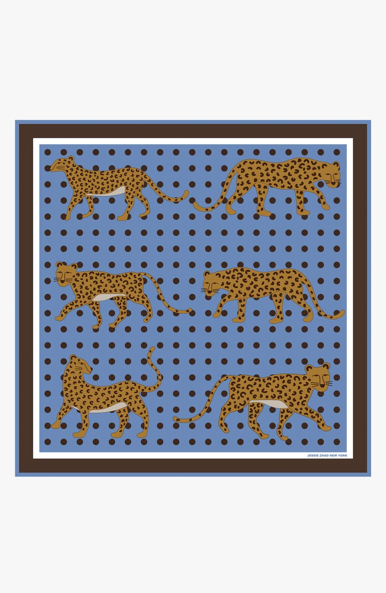Jessie Zhao New York Double Sided Wool Silk Scarf Of Blue Leopards Garden, Main, color, Blue