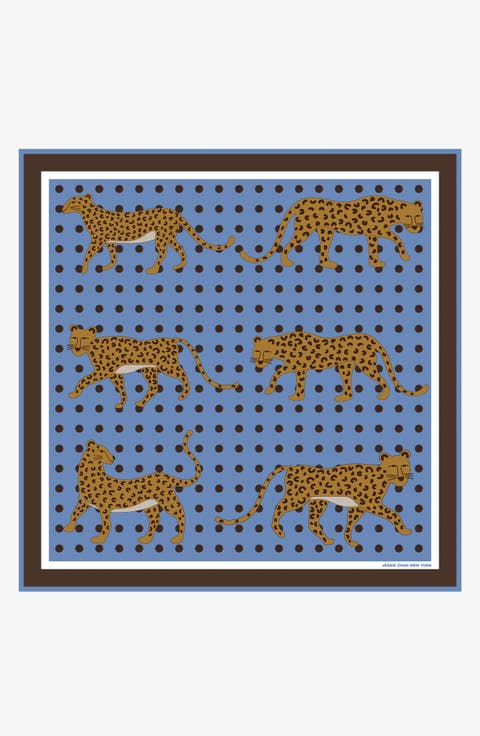 Double Sided Wool Silk Scarf Of Blue Leopards Garden