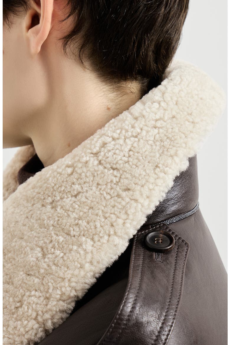 Polished nappa leather aviator jacket with detachable shearling collar and monili, Alternate, color, Coffee