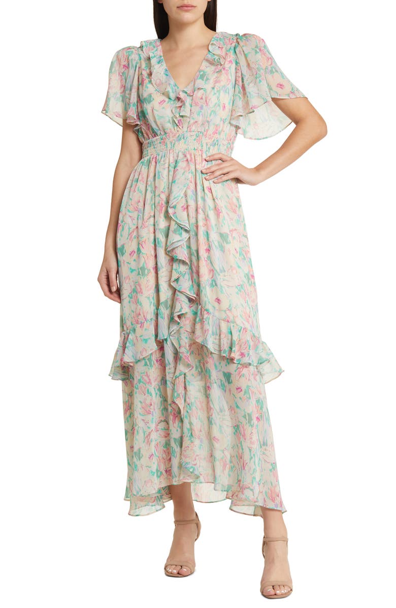 FLORET STUDIOS Floral Ruffle Detail Dress, Main, color, 