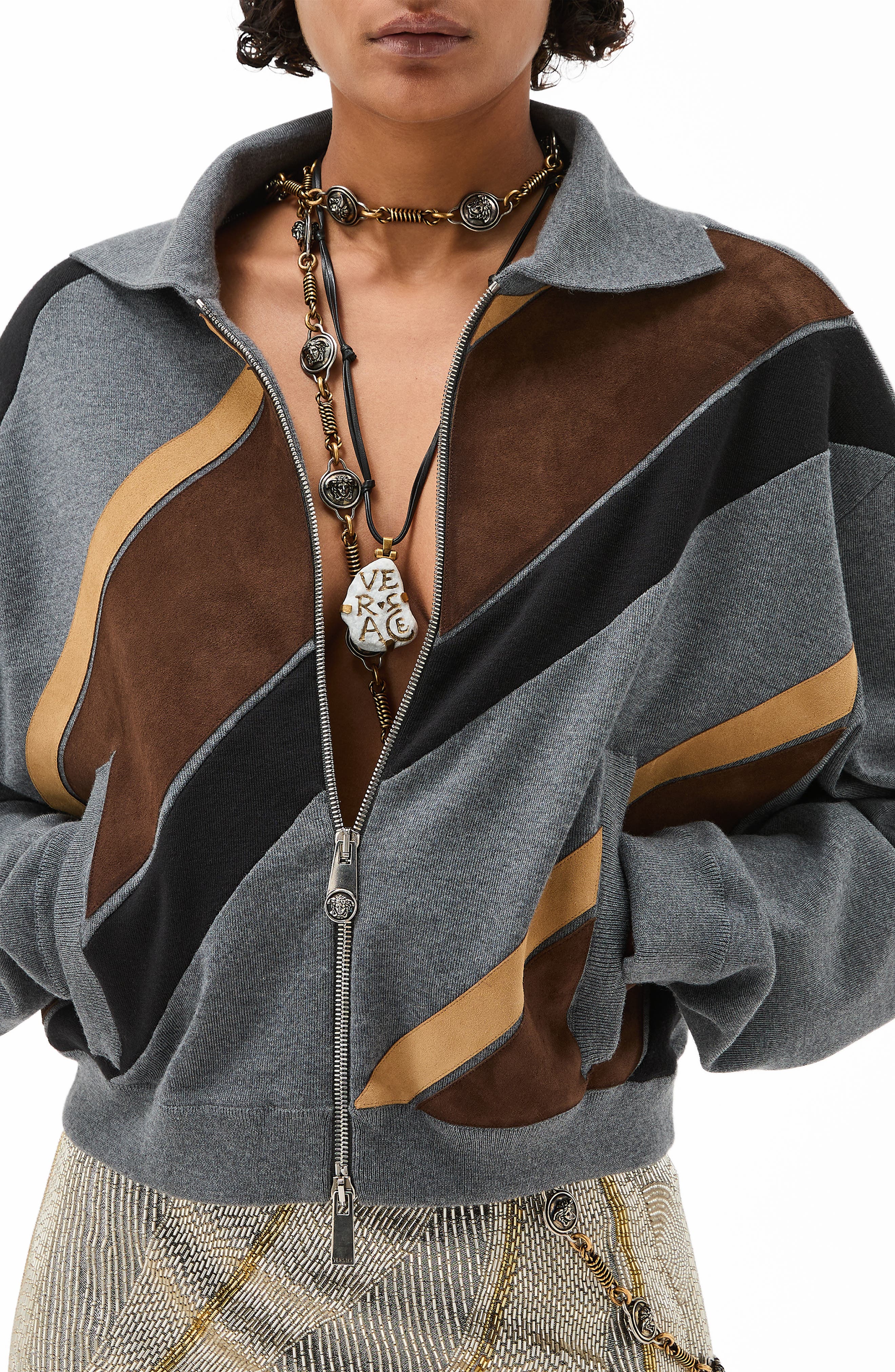 Leather Stripe Knit Jacket