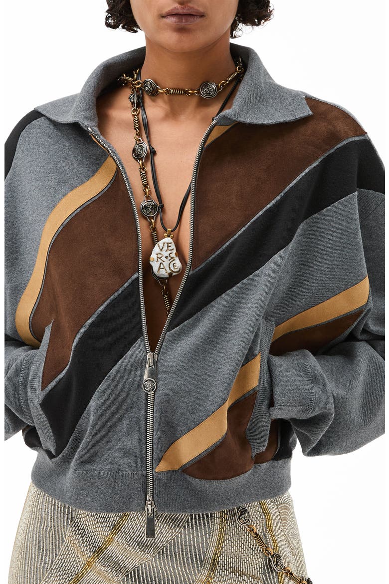 Leather Stripe Knit Jacket, Main, color, MEDIUM GREY