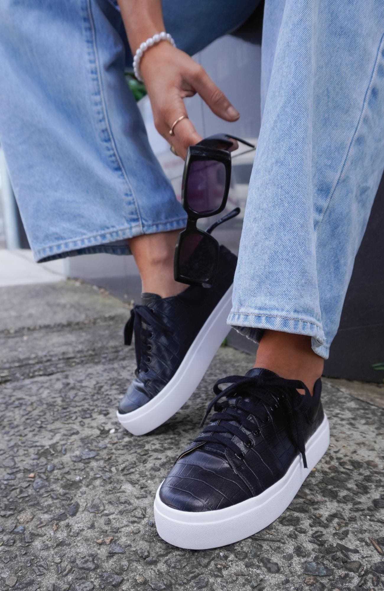 Belle & Bloom Just A Dream Croc Leather Sneaker, Alternate, color, Black