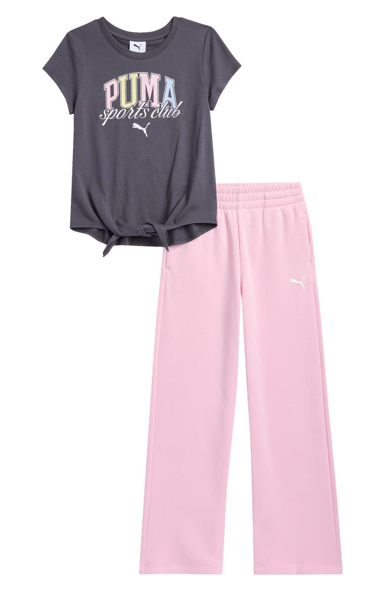 PUMA Kids' Logo Tie Front T-Shirt & Fleece Pants Set, Main, color, 
