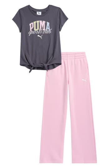 Shop Puma Kids' Logo Tie Front T-shirt & Fleece Pants Set In Dark Grey
