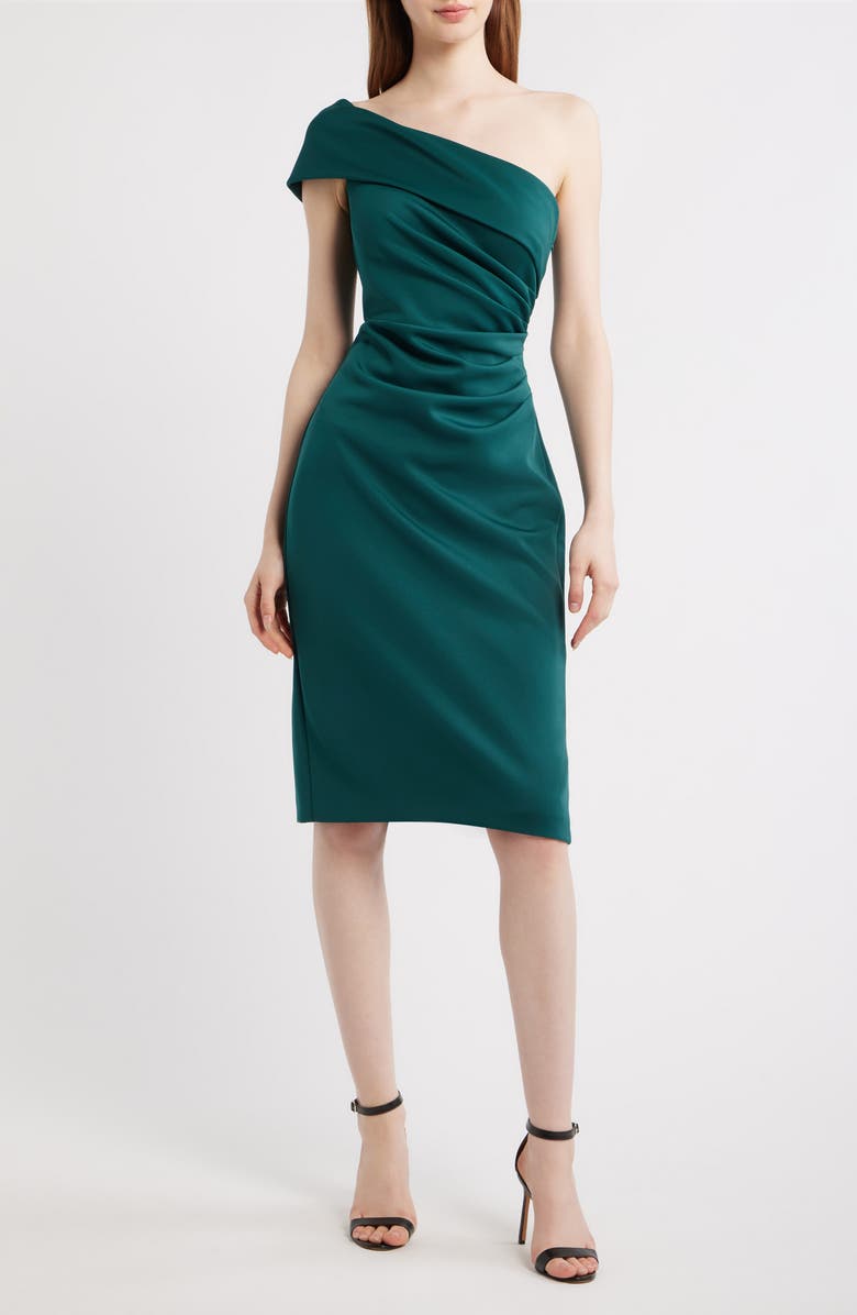 Eliza J Ruched One-Shoulder Satin Cocktail Dress, Main, color,