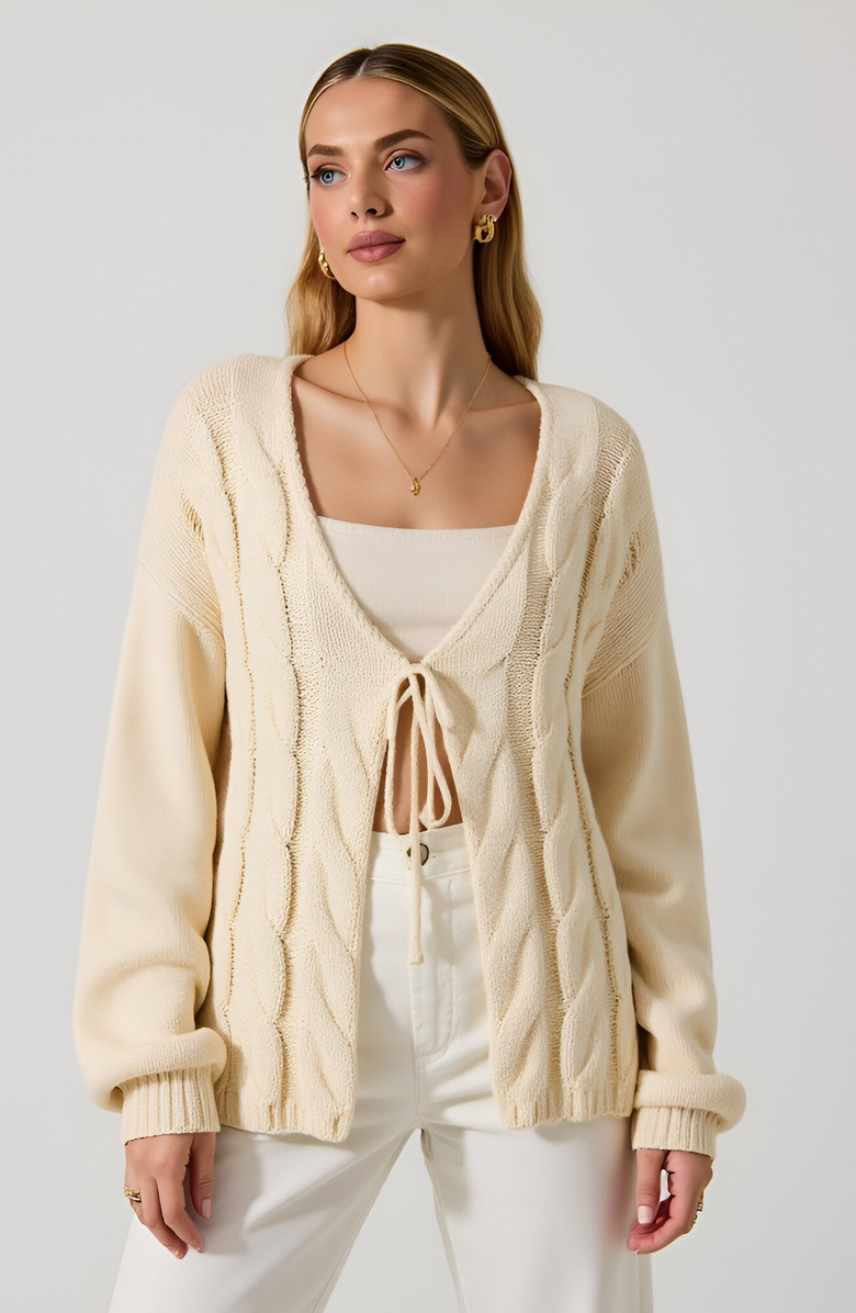 Modenaire Long Sleeve Cable Knit Tie Front Cardigan Sweater, Main, color,