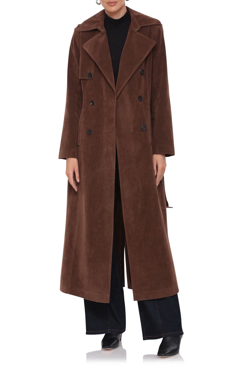 Faux Suede Double Breasted Maxi Trench Coat, Main, color, BRUNETTE