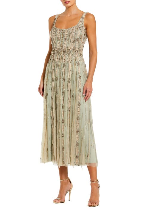 Petite Embellished Scoop Neck Mesh Midi Dress