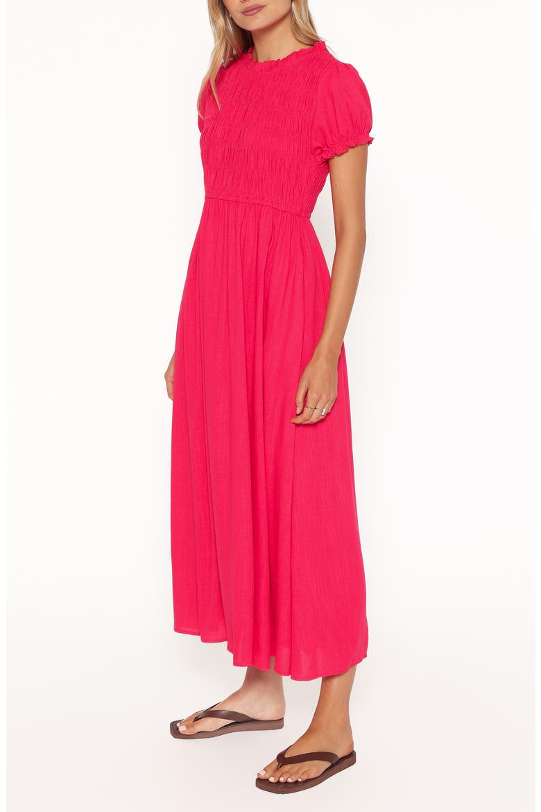 Darla Smocked Puff Sleeve Midi Dress, Alternate, color, HOT CORAL